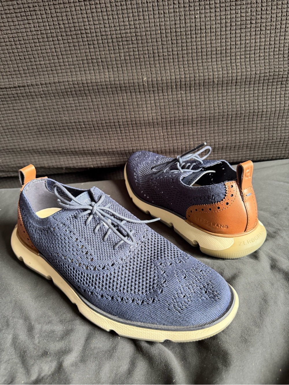 Cole Haan Navy Knit Wingtip Oxford with Brown Leather Heel